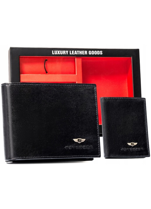 Комплект подарък портфейл от кожа Peterson хоризонтален черен 12.5x9.5x2.5cm калъф ключодържател