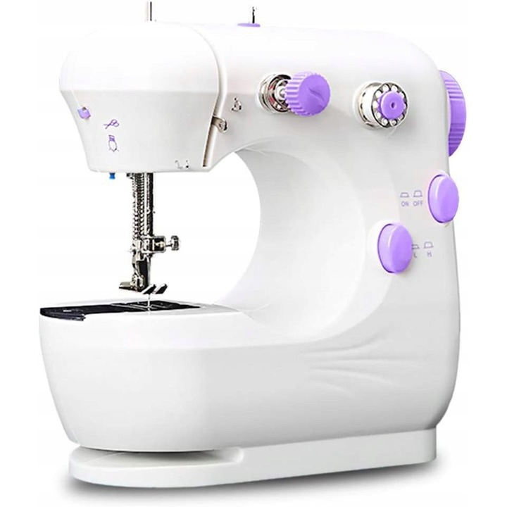 Mini hordozható varrógép/varrókészülék, 12 öltéstípus, pedállal, automata orsózás, LED világítás, csúszásmentes talp, fehér/lila