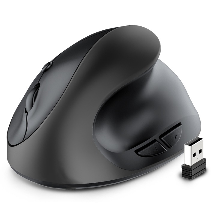 Függőleges vezeték nélküli ergonomikus egér, újratölthető, 2.4GHz USB nano-vevővel és USB-C porttal, jobbkezeseknek, Fekete, 1 db