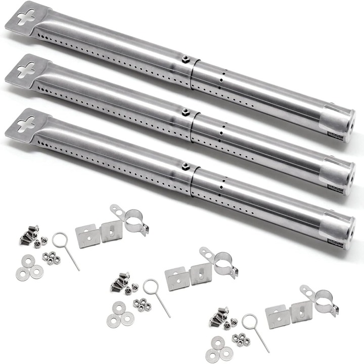 Set 3 arzatoare reglabile din otel inoxidabil 304, compatibile Glo/Master Forge/Forge, suport pentru aprindere integrat, telescopice 31–45 cm, argintiu