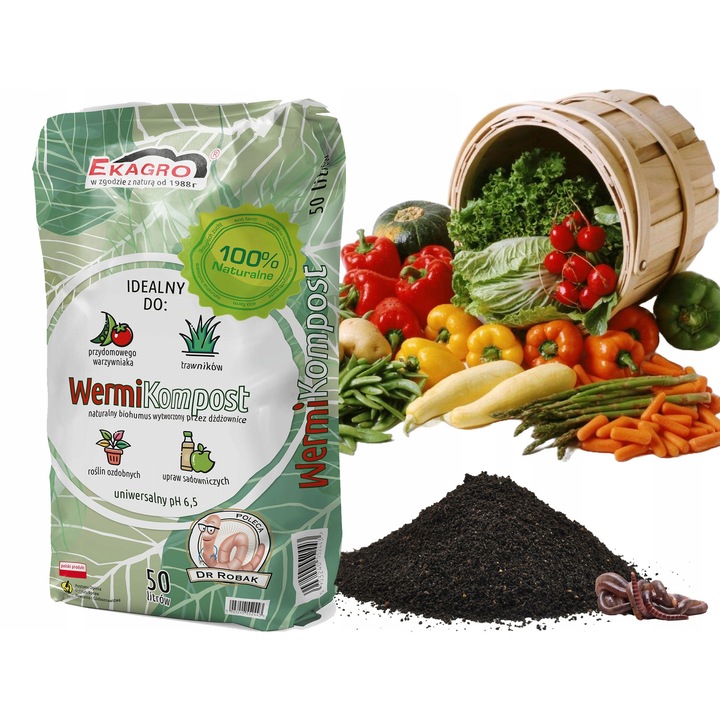Vermikomposzt Ekagro (biohumusz, gilisztahumusz) természetes, mikroorganizmusokban gazdag szerves trágya, kellemetlen szag nélkül, barna, 50L
