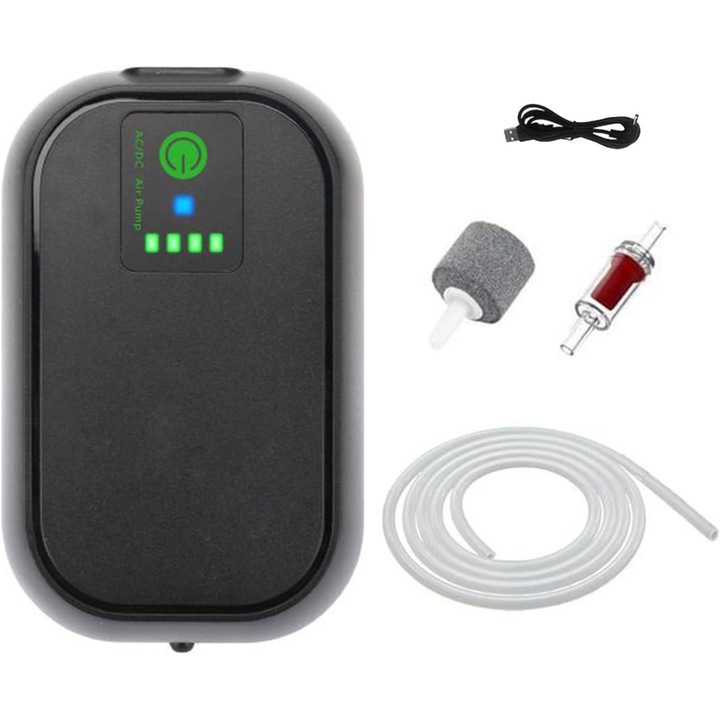 Újratölthető levegőpumpa, hordozható levegőztető, 2000 mAh akkumulátor, akár 42 óra üzemidő (szakaszos üzemmód), 0.015 MPa nyomás, ABS ház 11.3x7.2x4.3 cm, tartalmaz 1 m élelmiszeripari csövet, légkövet, USB kábelt, Fekete, 1 db