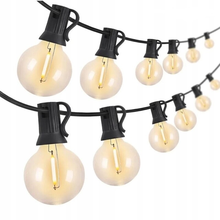 Градински LED гирлянд, светеща инсталация с LED крушки с нажежаема жичка, водоустойчив, черен, 20 м