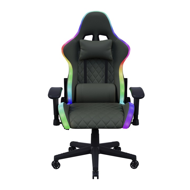 Gaming szék, Ergonomikus irodai szék, LED világítás, Állítható magasság, Deréktámasz párna, Kartámaszok, 360°-ban forgatható, Kerekekkel, Fekete