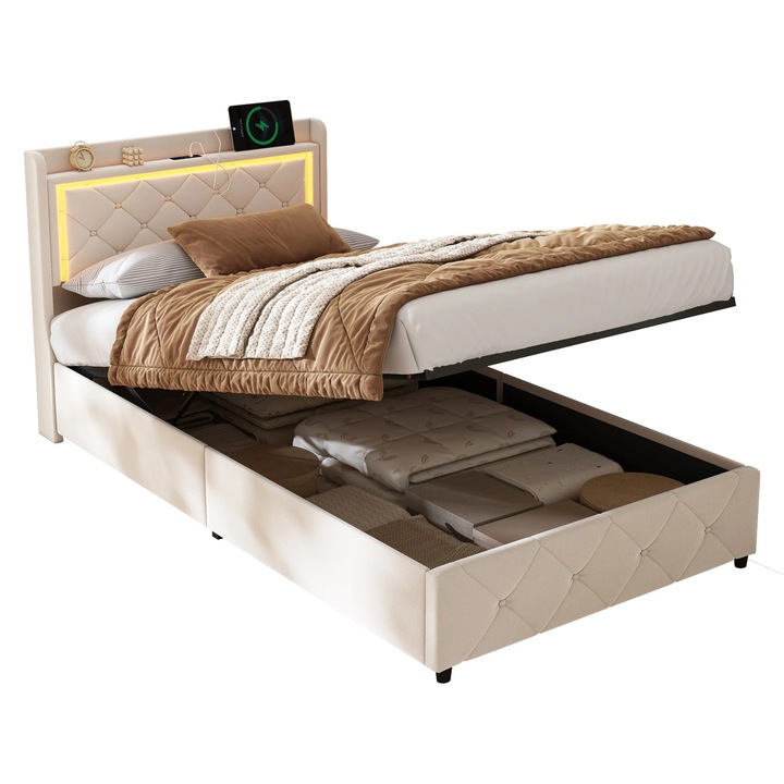 Pat tapitat, Pat de o persoana, 90×200 cm, Catifea, Lada cu lift pe gaz, Somiera cu lamele, LED si USB