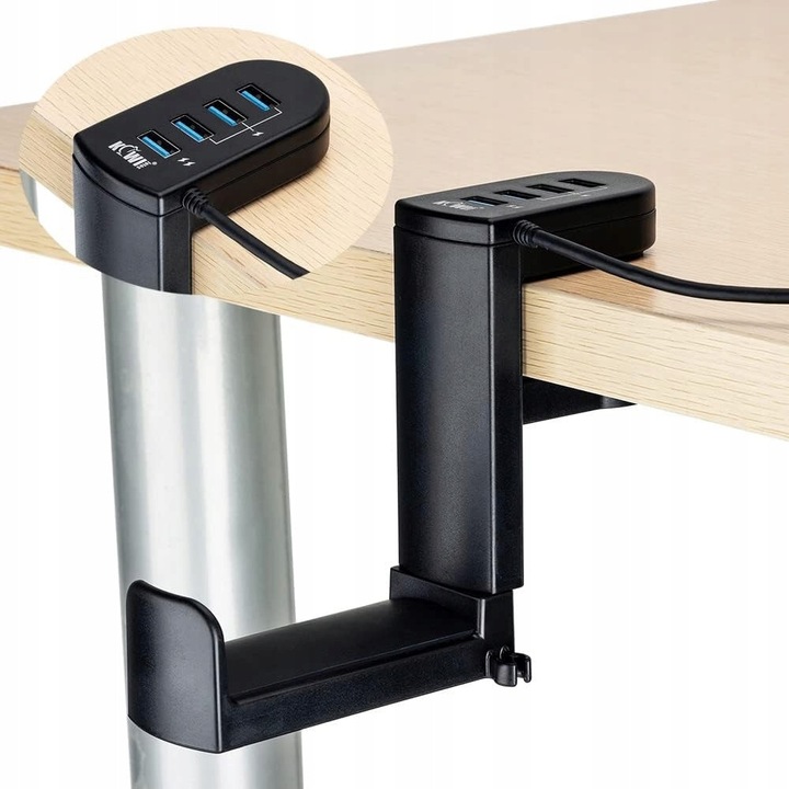 ELX3 B7 fejhallgató tartó 360°-ban forgatható akasztóval, USB hub 1x USB 3.0 + 3x USB 2.0, állítható rögzítés 10-40 mm, csúszásgátló szilikon pad, Fekete