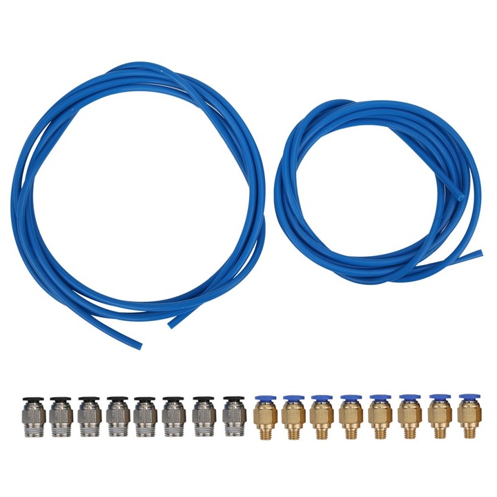 Tub PTFE PC4-M6/PC4-M10, pentru imprimante 3D Bowden 1.75 mm, rezistent la 260°C, diametru interior 2.0 mm, diametru exterior 4.0 mm, albastru, tub 1 m cu conectori PC4-M6 si PC4-M10