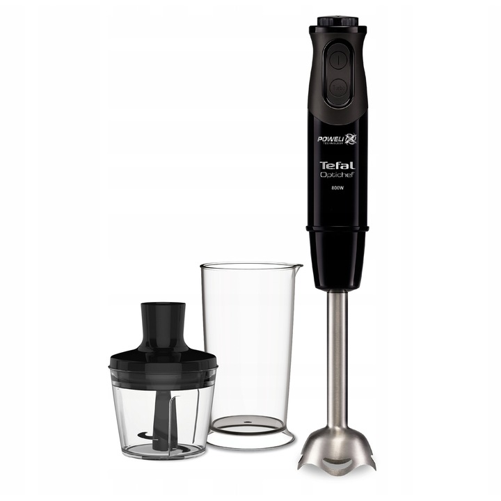 Tefal OptiChef 800W függőleges botmixer/kézi mixer, 10 sebességfokozat Turbo funkcióval, rozsdamentes acél láb, 800 ml-es pohár és 500 ml-es aprító, fekete