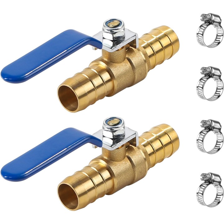 2 darabos készlet, 19mm (3/4") sárgaréz golyóscsap, tömlőcsatlakozóval, 4 db rozsdamentes acél bilincs mellékelve, 90°-os karos működtetés, Arany
