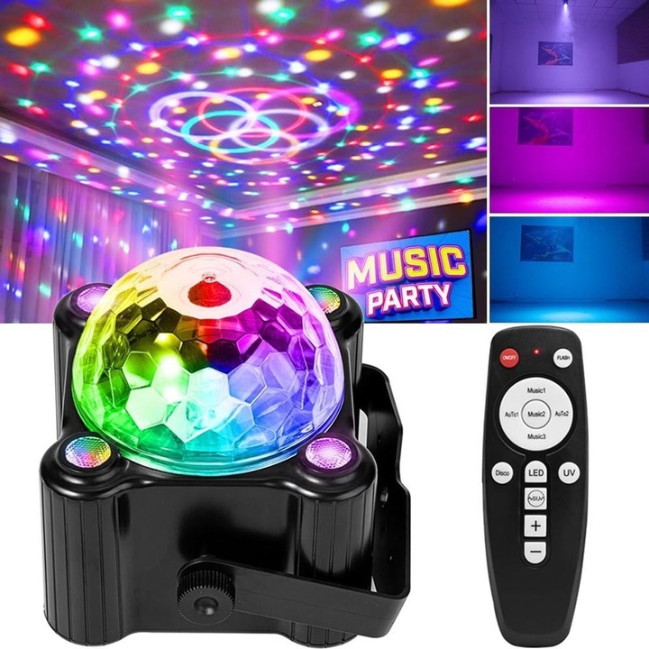 LED diszkó lámpa Magic Ball, hangvezérlésű, 6 RGB szín + UV fény, IR távirányítóval, USB 5V tápellátás, Többszínű, 1 db