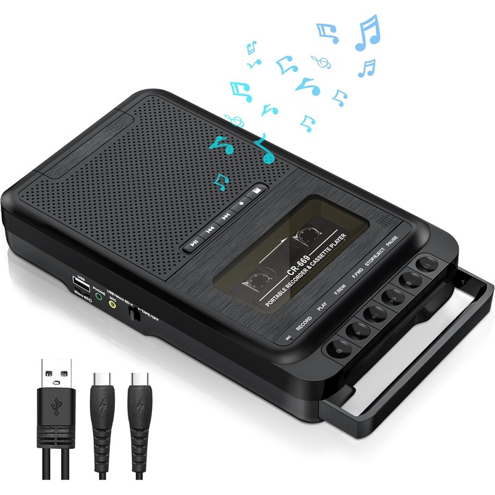 Player caseta portabil multifunctional, convertor MP3, negru, 20x10x8cm
