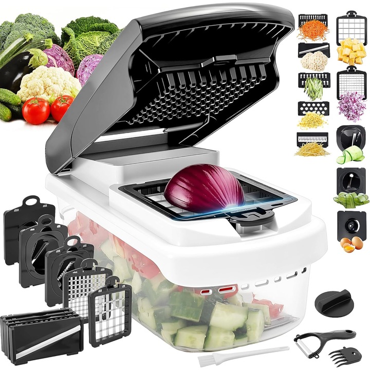 Tocator de legume 18-in-1, cu 9 lame inox 402J2, mandolina/spiralizator si razatoare branza, recipient 7.5 cani, alb/negru, 1 buc
