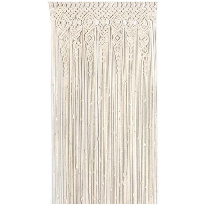 Perdea macrame, panou decorativ din bumbac tesut manual, cu franjuri si bucla de agatare intarita, bej, 90 x 180 cm