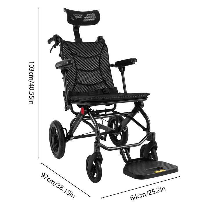 Scaun cu rotile pentru adulti, scaun de transport rabatabil, spatar reglabil 90–175°, pliabil, greutate 13 kg, sarcina maxima 130 kg, negru