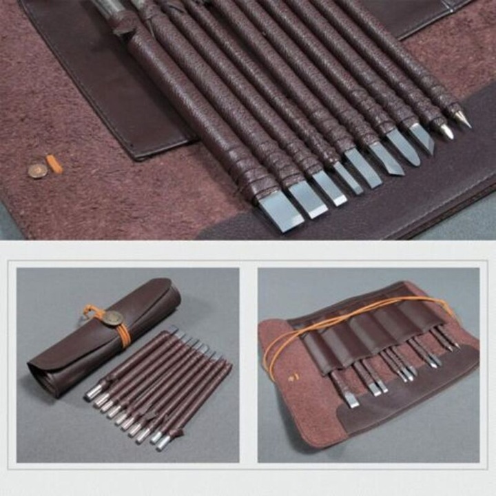 Set 10 bucati, dalti pentru sculptura in lemn si piatra, otel tungsten, manere din lemn dur, lame dublu lustruite, lungime 15 cm, maro