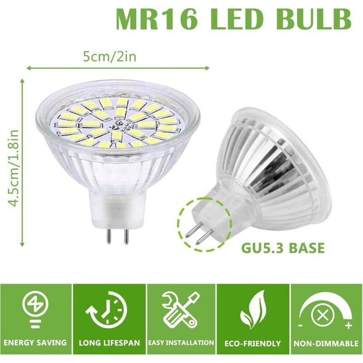 Bec LED GU5.3 MR16 3W 12V, 30W halogénnel egyenértékű, nem szabályozható, hideg fehér 6000K, 10 darab