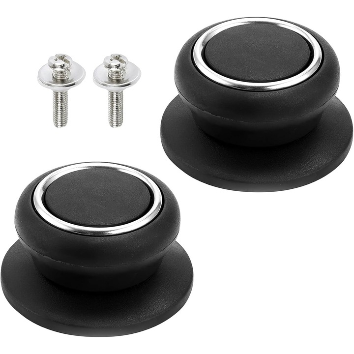 Set 2 bucati, buton/maner pentru capac universal din bakelit cu suruburi inoxidabile, rezistent la 260°C, cu eliberare presiune, suprafata antiderapanta, negru, O sup 4.6 cm, H 3 cm, O baza 6.4 cm