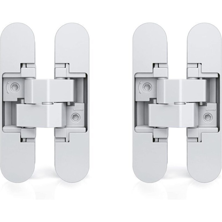Set 2 bucati, Balama invizibila/ascunsa pentru usi, Zamak, capacitate 35 kg, deschidere 0–180°, ajustare 3D ±2.5/±1/±1.5 mm, pentru grosime usa min. 28 mm, cu capace decorative din plastic, alb