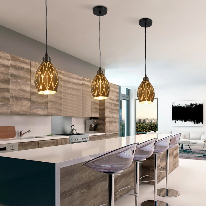 Geometrikus függőlámpák, 3 darabos szett, skandináv design, Festoon foglalat, 220 V AC, izzó nélkül, étkezőasztalhoz/konyhaszigethez, fekete