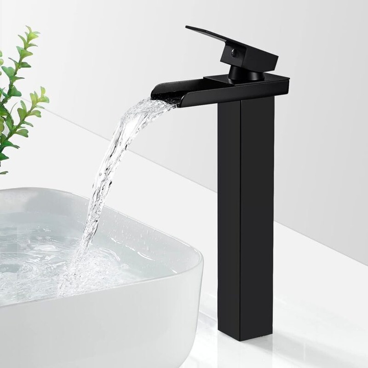 Baterie lavoar / robinet pentru lavoar Cascada, corp din alama A59, cartus ceramic premium testat 500.000 cicluri, economisire apa 30%, finisaj negru mat rezistent la coroziune, compatibil apa calda/rece, racord G 3/8, 1 buc