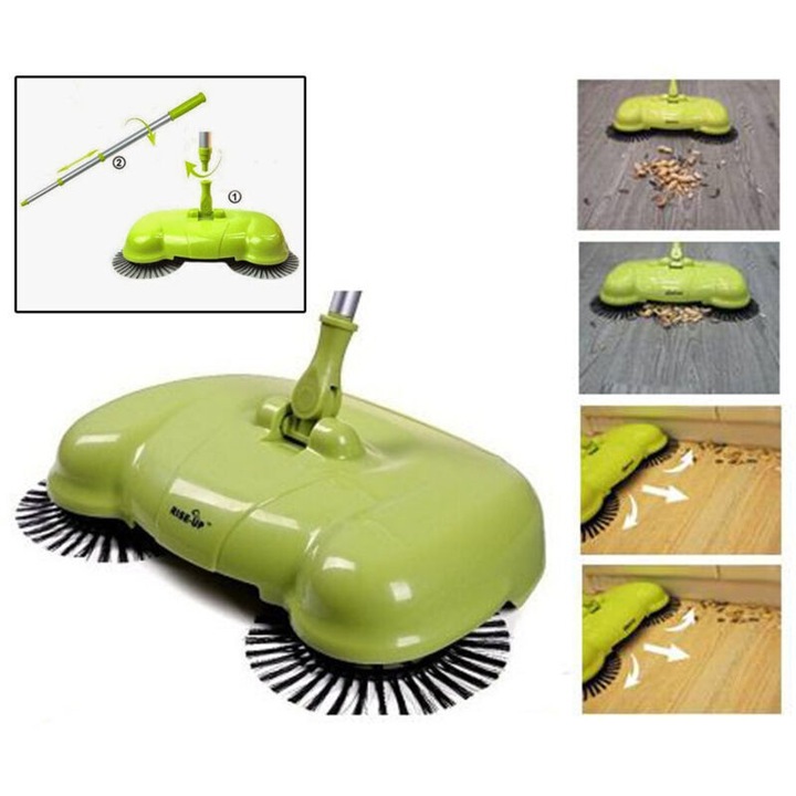 Mop rotativ manual, aspirator manual fara sac Easy, 3 role, perii rotative 360°, fara curent electric, maner extensibil 106 cm, verde, 1 buc.
