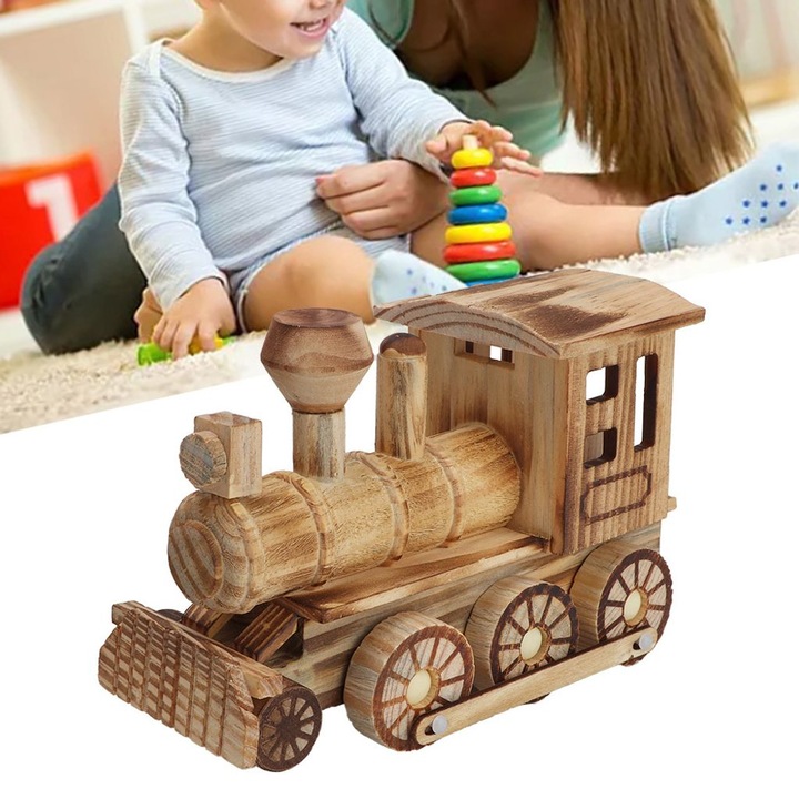 Locomotiva cu aburi din lemn, jucarie educativa, 20x13x8cm