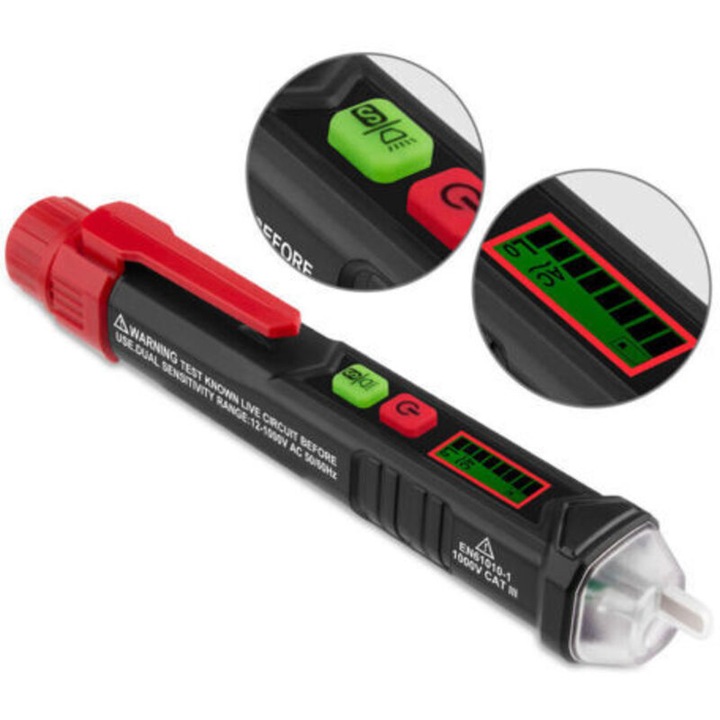 Detector de tensiune fara contact HT100, tester non-contact, sensibilitate AC12–1000V, semnal sonor si vizual, iluminare rosu/verde, afisaj bara 4 nivele, alimentare 2xAAA, negru/rosu, 1 buc