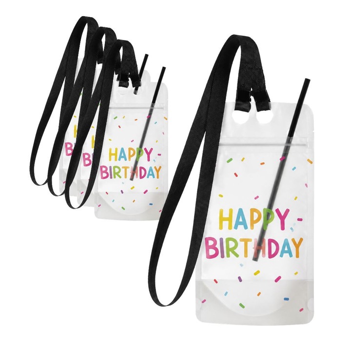 Торбички за напитки със сламка, Happy Birthday, Party Pouch, 13x23cm, Устойчиви на течности, Подходящи за събития, Забавен избор, Безопасност на напитката, Удобни, Лесни за употреба, Многоцветни