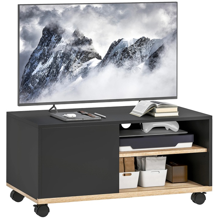 Comoda TV, pe roti, Pentru televizoare pana la 107 cm, Cu 1 usa, Cu 2 compartimente deschise, Raft reglabil, Stil modern, Negru