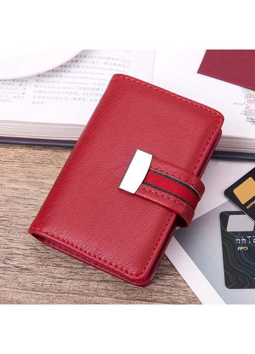 Port carduri si suport carduri din piele ecologica cu protectie RFID, capacitate 26 carduri, compact, Rosu