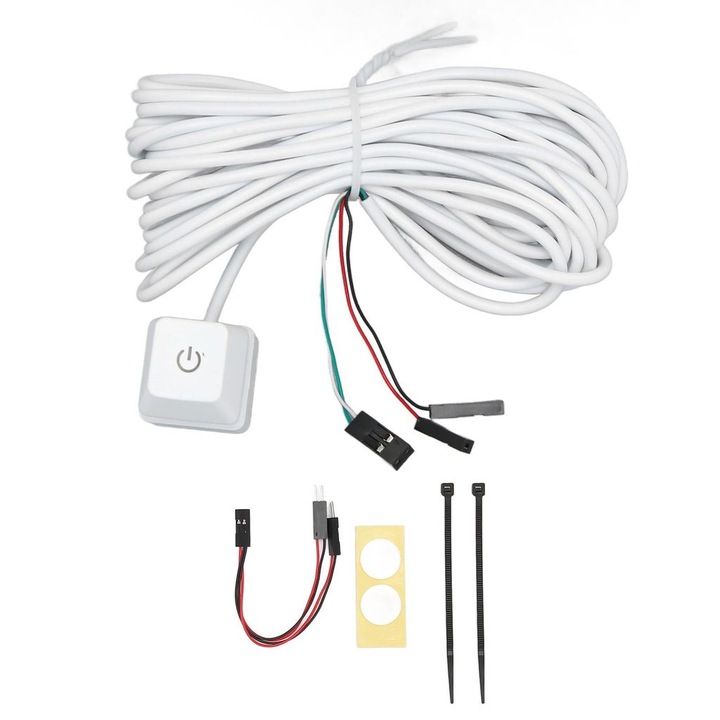 Comutator pornire PC / buton pornire extern, buton mecanic cu switch albastru, iluminat, plug and play, cablu 2m, alb, pentru desktop