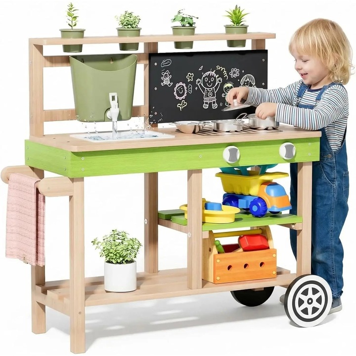 Bucatarie de noroi pentru copii pentru exterior, Bucatarie de joaca din lemn, 88x33x85 cm, Roti, Robinet functional, Jardiniere, Tabla de scris, Rafturi si accesorii