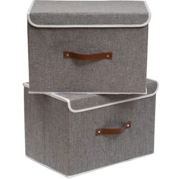 Cutie de depozitare/cos de depozitare, din in natural si carton polipropilena, lavabila si pliabila, cu capac, textura cu aspect de piele, gri, 38 x 25 x 25 cm
