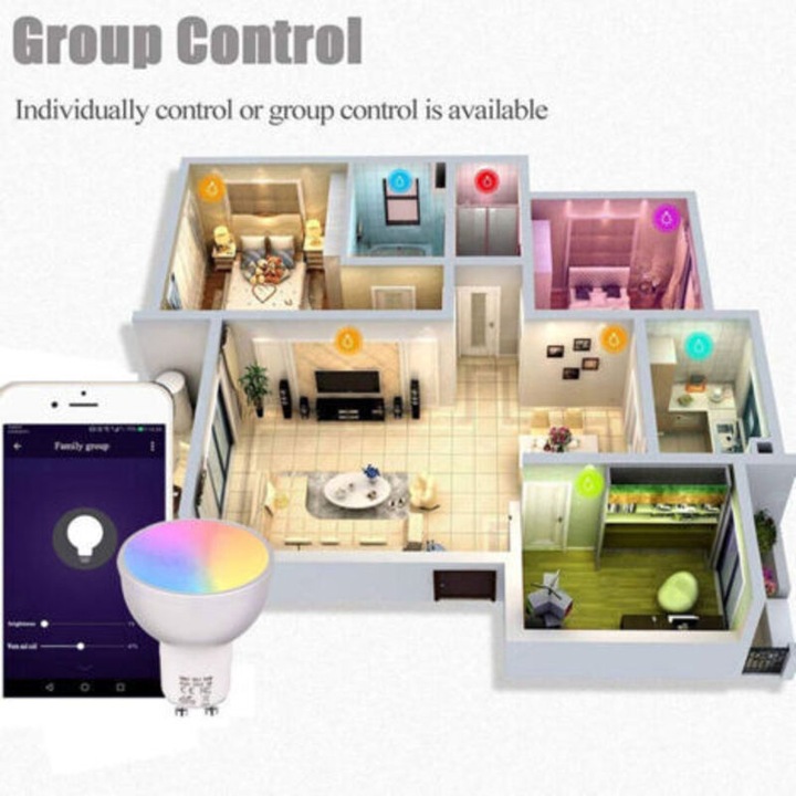 Bec LED smart GU10, 6W, 400–460 lm, RGB+W, Wi-Fi 2.4 GHz, távirányítóval, Alexa/Google Home kompatibilis, Többszínű, 2 darab