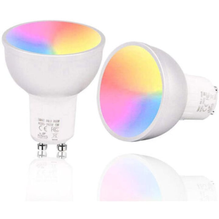 GU10 okos LED izzó, RGB+W, 2.4GHz Wi-Fi vezérlés és távirányító, Alexa/Google Home kompatibilis, 6W 400-460lm 2700-6500K, Többszínű, 2 darab