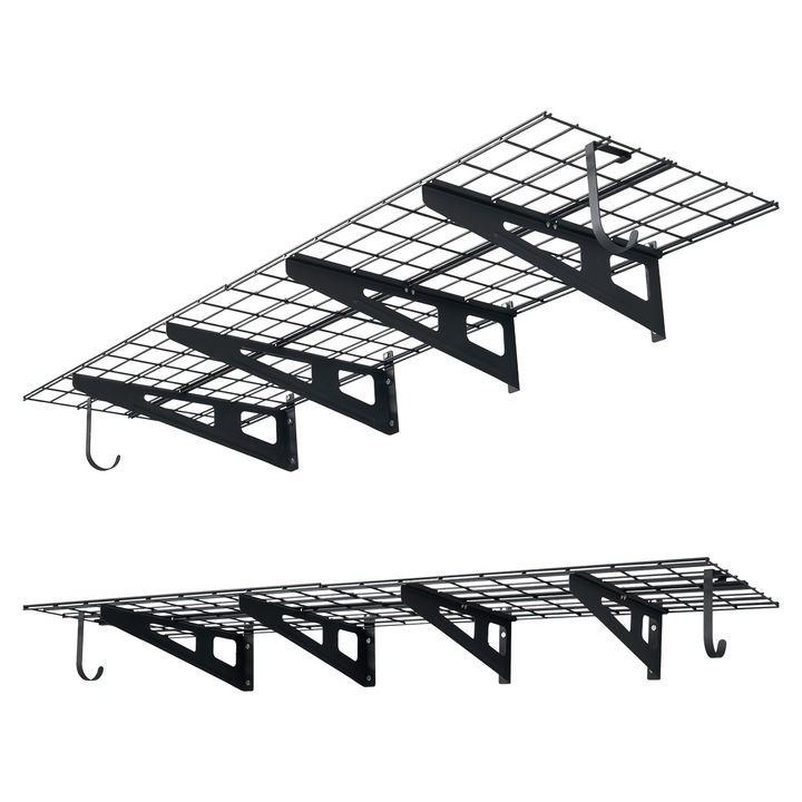 Garázs fali polcok, 8 db fém polc készlet 2 szinttel, Falra szerelhető kampókkal, 61x182,8 cm polconként, 454 kg teherbírás, Fekete