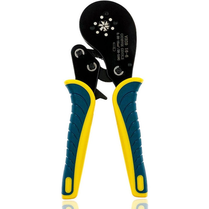 Tigrezy krimpelő fogó, kapacitás 0.08–16 mm² (28–5 AWG), racsnis mechanizmus, ergonomikus csúszásmentes fogantyúk, sárga/zöld, 1 db, 20 x 8.5 cm