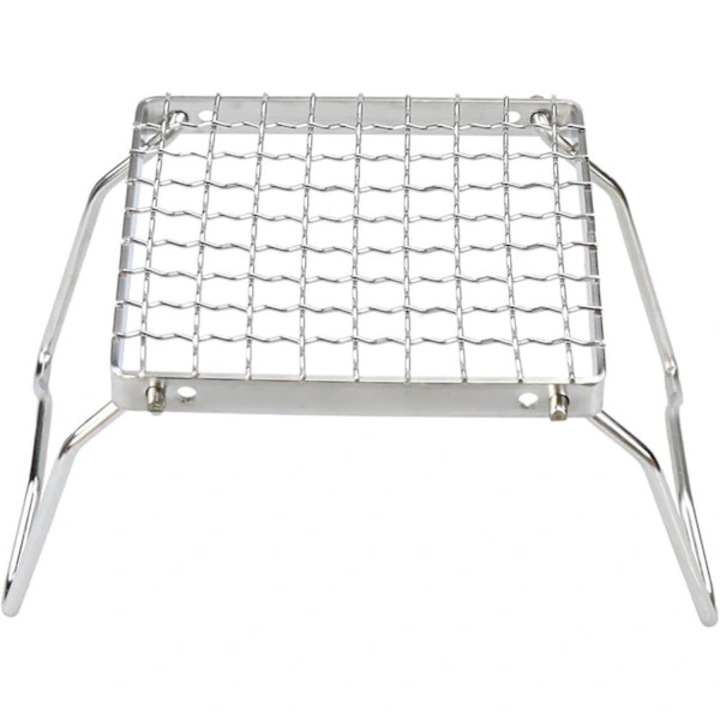 Gratar pliabil, mini grill pentru camping din inox 304, doua trepte reglabil, dimensiune gratar 16x16 cm, inaltime 12.8/10.2 cm, cu husa de transport, argintiu, 565 g, 19x18.5x4.5 cm