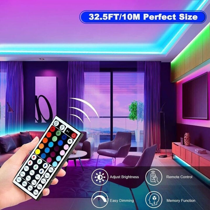 Banda LED RGB 10m 300 LED-uri 5050 IP65 multicolor cu telecomanda 44 taste