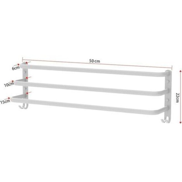 Suport prosop de perete, cuier pentru prosoape din aluminiu aeronotic, 3 polite cu carlige, rezistent la coroziune, Alb, 50 cm