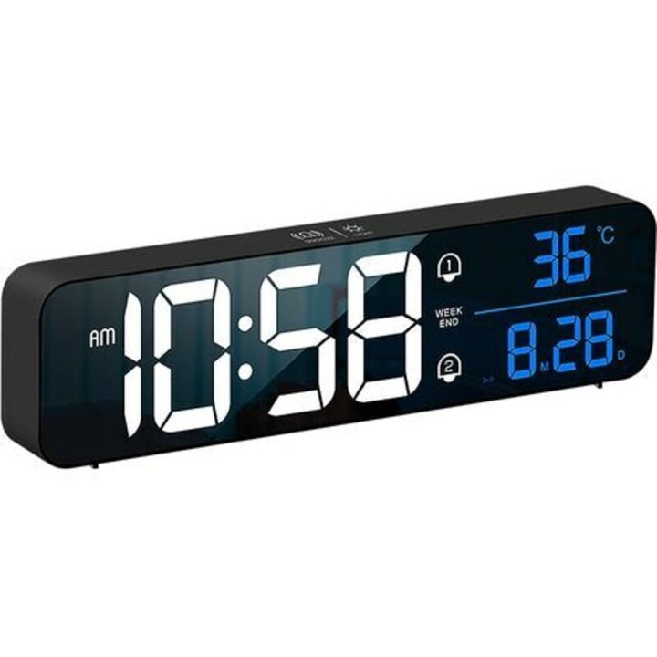 Digitális fali és asztali óra, nagy LED kijelzővel, egyidejű dátum, idő, nap és hőmérséklet kijelzéssel, fekete, 26 cm