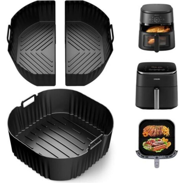 Set 3 piese, forme din silicon pentru friteuza cu aer cald, compatibile Philips Airfryer 2000 Series NA230/00, Cosori Turboblaze, Cecotec, 2 compartimente independente + 1 forma all-in-one, silicon alimentar rezistent 450°C, negru, 2 x 3.1 l + 1 x 6.2 l