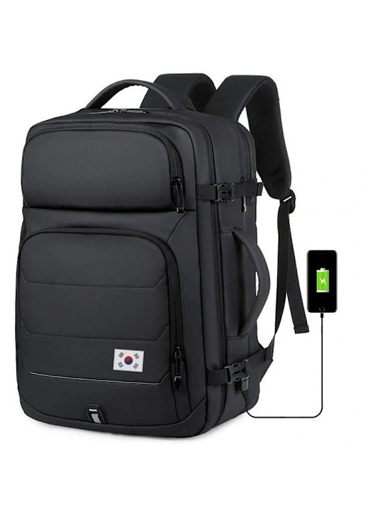 Rucsac din poliester, port usb, compartiment pentru laptop 17 inch, rezistent la apa, negru, 40L