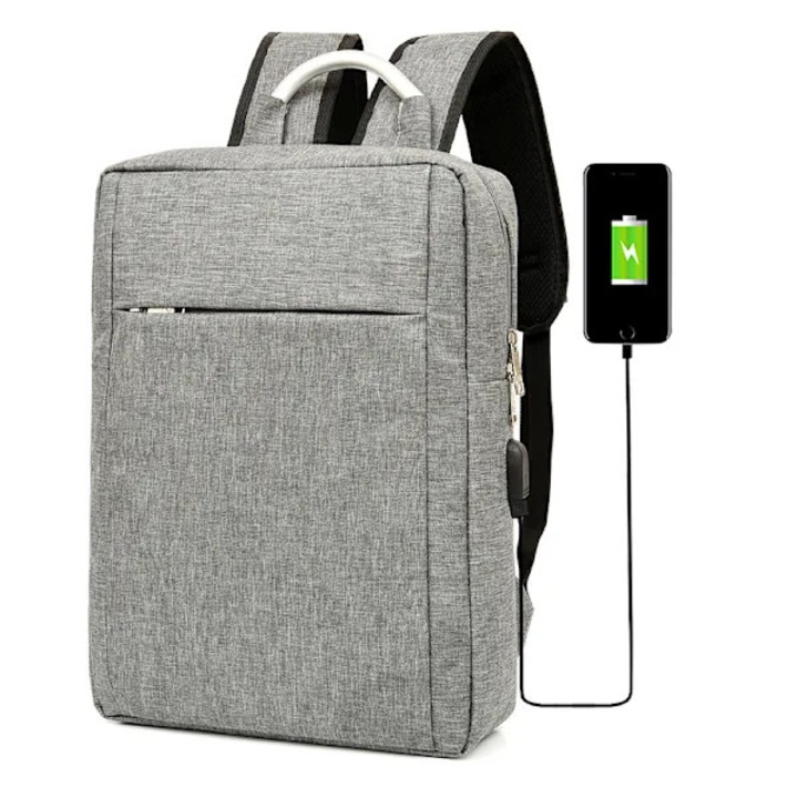 Poliészter laptop hátizsák/iskolatáska alumínium fogantyúval, USB porttal, légáteresztő hátrésszel, üzleti célra, szürke, 36-55L