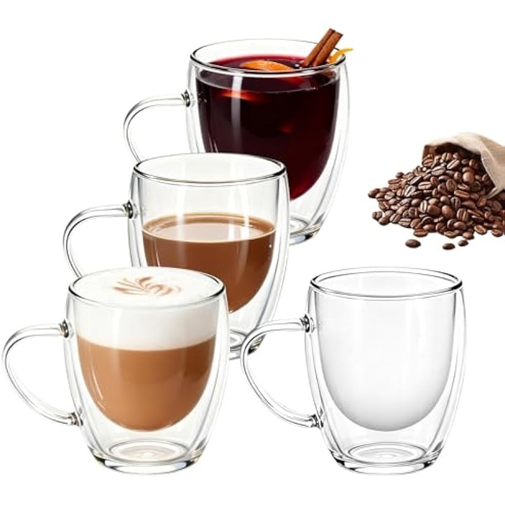 Set 4 bucati, cani/cesti din sticla dublu perete, izolare termica, din sticla borosilicat rezistenta −20°C pana la 150°C, compatibile cu cuptor microunde si congelator, transparent, 4 x 355ml (12oz)
