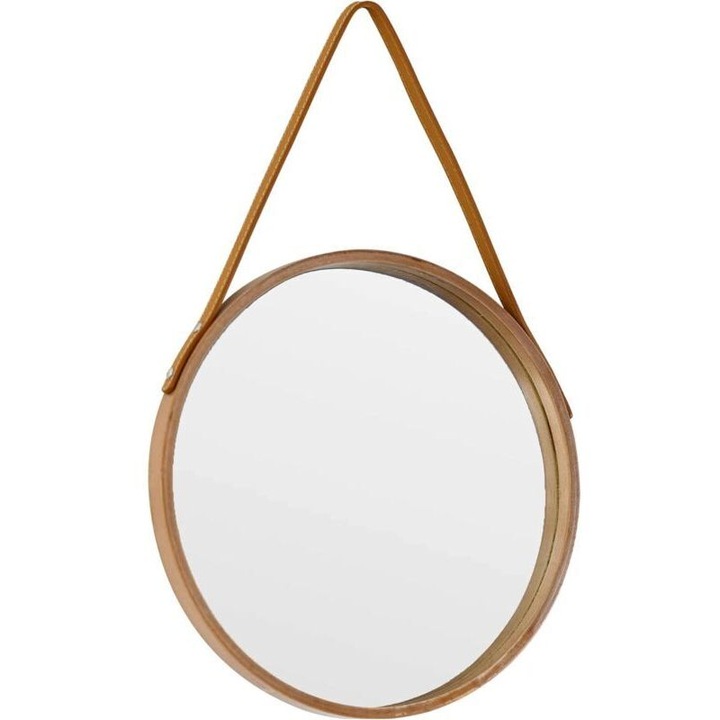Runic Frame kerek fali tükör, bőr szíjjal, MDF kerettel, barna, 30 cm, 1 db