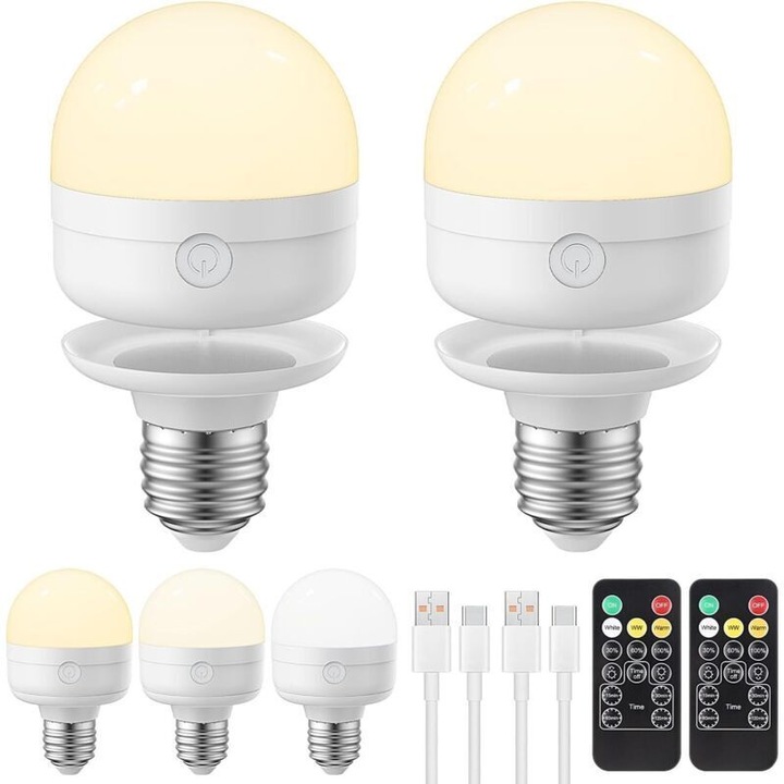 Bec LED E27 USB újratölthető, 5W, szabályozható, 3 színhőmérséklet (3000/4500/6000 K), távirányító, időzítő 15/30/60/120 perc, 2000 mAh akkumulátor, 8-36 óra üzemidő, levehető mágneses talp, fehér, 1 db