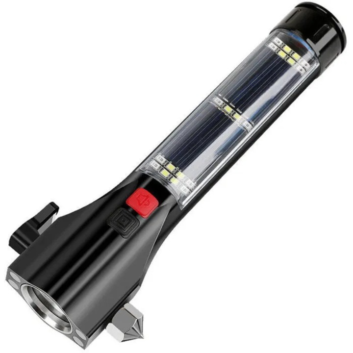 Lanterna multifunctionala de siguranta auto, lampa de buzunar, cu ciocan pentru spargerea geamului, taietor de centura, iluminare LED, panou solar integrat, negru, 1 buc