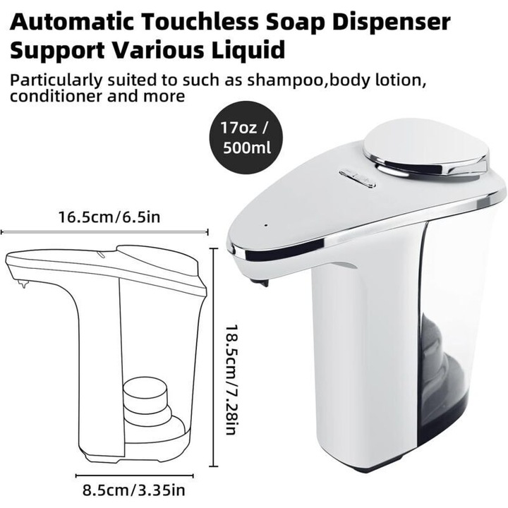 Dozator automat sapun lichid, dispenser fara atingere cu senzor infrarosu, montabil pe perete, rezervor transparent, din abs, argintiu, 500 ml