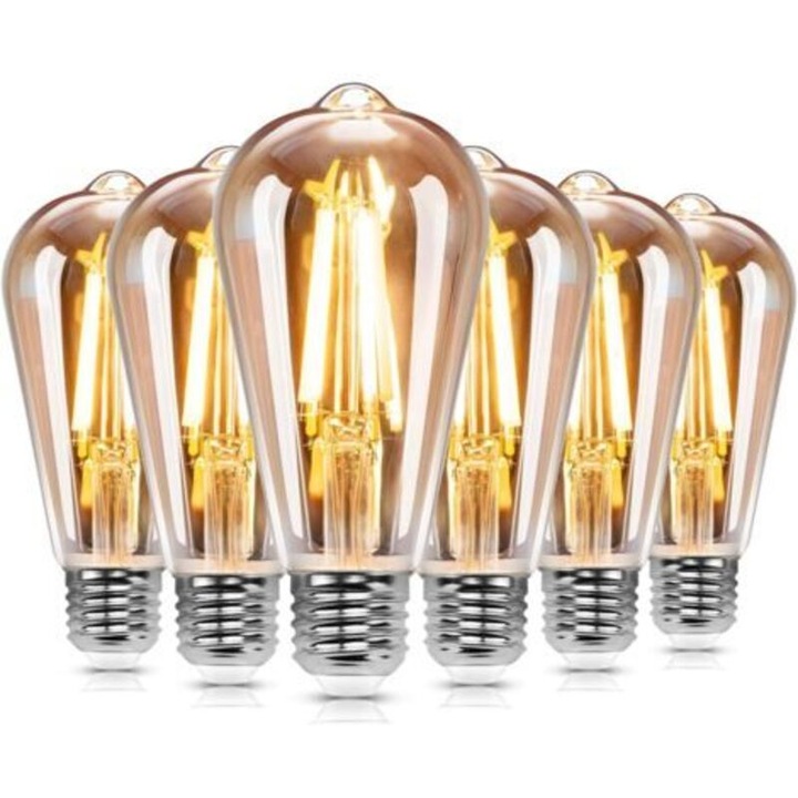Bec LED ST64, 8W, meleg fény, 2200K, E27, 6 db-os készlet, 64x142mm